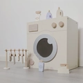 Minimalist cream wooden toy washing machine set with laundry detergent and iron accessories - Cream Washing Machine