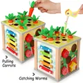 6-in-1 wooden activity cube with carrot harvest and magnetic woodpecker worm toy - 6-in-1 Activity Cube