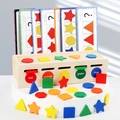 Wooden Montessori sorting box with colorful shapes and matching logic cards for kids - Geometric Shape Lid Sorting Box