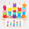 Educational wooden five-column geometric shape stacker toy for toddlers' sensory learning - Five-Column Beading Large