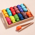 Colorful wooden Montessori peg dolls sorting set with tray and tweezers for motor skills - Upgraded 12 Colors (Tray & Color Box)