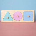 Puzzle geometrico Montessori in legno con maniglie macaron blu, rosa e ciano per bambini - Geometrico a 3 Forme Magnetiche Macaron