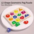 Wooden Montessori puzzle board with 12 colorful geometric shapes and easy-grip knobs - 12 Color Shape