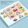 Wooden vehicle puzzle board with nine transport shapes and easy-grip handles - Transportation Peg (Spaceship)