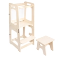 Montessori Lernturm aus Holz mit verstellbarem Tritthocker in natürlicher Birke-Optik - Multifunktionales Tisch- und Stuhl-Set