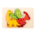 Wooden dinosaur puzzle variant with cartoon yellow, green, and red dinosaur pieces - Dinosaur