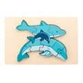 Wooden dolphin family puzzle with light blue and dark blue 3D pieces for toddlers - Dolphin Style