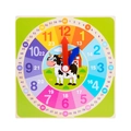 Orologio educativo in legno per bambini con base verde e quadrante color arcobaleno - Mucca