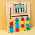 Wooden Montessori logical thinking puzzle with red, yellow, blue, and green sliding blocks - 4 Colors Rolling Ball Logic Game