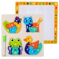 Double-sided wooden animal puzzle with numbers and magnetic drawing board for kids - Hen and Cat