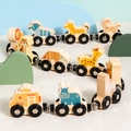 Magnetic wooden animal train set with numbered carriages in soft macaron pastel colors - Animal Style