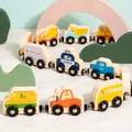 Magnetic wooden toy train set featuring colorful vehicle models like school bus and police car - Traffic Style