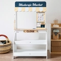 Wooden kids supermarket stall play set with blue awning and market signage - White Market Stall