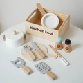 Wooden kids play kitchen set with pots and utensils in white and natural wood finish - Wooden Box Kitchen Utensils