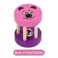 Pink wooden baby rattle featuring a cartoon bear design and inner silver metal bell - Bear Five-Pillar Rattle (Purple)