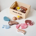 Set d'aliments de jeu en bois avec viandes et poissons dans une boîte de rangement - Ensemble Viande et Poisson en Boîte Bois