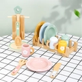Kids wooden pretend play kitchen tableware set with floral painted plates and cups - Tableware Toy Set