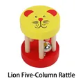Wooden baby rattle featuring a yellow lion face design with five natural wood pillars - Lion Five-Pillar Rattle (Yellow)