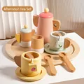 Kinder Tee-Set aus Holz in Morandi-Farben mit rosa Teekanne und rundem Holztablett - Nachmittagstee Spielzeug