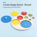 Wooden puzzle for kids with 5 colorful circular pegs and English color names on base - 5-Hole 5-Color Round