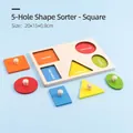 Wooden geometric shape sorting puzzle with colorful blocks and pegs for early learning - 5-Hole 5-Color Geometric Square