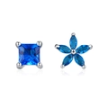 Asymmetric S925 silver flower stud earrings with blue sapphire square gemstones - 925 Silver / Dark Blue