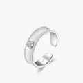 Anello largo aperto in argento S925 opaco con fiore di diamanti e bordi perlati - Aperto Regolabile / Argento