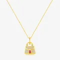 S925 silver gold handbag pendant necklace with white zircons and ruby red drop stone - 925 Silver / 925 Sterling Silver