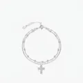 Zweilagiges S925 Sterlingsilber Perlenarmband mit funkelndem Kreuzanhänger für Damen - 925er Silber / Silber