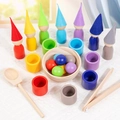 Rainbow Montessori wooden sensory toy set with 7 peg dolls, cups, and wooden sorting tools - Hat Style Rainbow Palette (tc51)