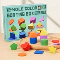 Caja de clasificación azul de madera con 12 formas geométricas para aprendizaje infantil - Caja de Clasificación de Formas y Colores de 12 Agujeros