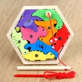 Magnetic hexagon dinosaur wooden puzzle with colorful pieces and fishing rod for kids - Dinosaur