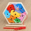 Hexagonal wooden magnetic fishing puzzle with colorful sea animal shapes for toddlers - Ocean Style (Turtle)