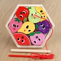 Hexagonal magnetic wood puzzle toy with 8 fruit pieces and fishing rod for kids - Fruit Style