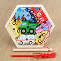 Hexagonal magnetic wooden puzzle with 8 transport vehicles and fishing rod for kids - Traffic Style