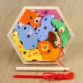 Hexagonal wooden magnetic animal puzzle toy with a fishing rod for early learning - Forest Animal Style (Elephant)