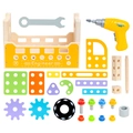 Carrello attrezzi in legno per bambini con trapano elettrico, ingranaggi e dadi colorati - 23x12.5x15cm / Locomotiva Versatile