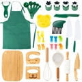Kids wooden kitchen toy set with forest green apron, cutting tools and baking accessories - 20-Piece Set