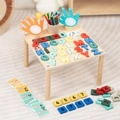 Educational wooden activity table with colorful letters, numbers, and math counting sticks - Alphabet Learning Board