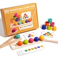 Montessori wooden balls and cups set with task cards for color sorting and logic - Color Matching Ball Stacking (Yellow Box)