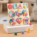Wooden Montessori geometric shape puzzle with colorful 3x3 blocks and owl patterns - Geometric Puzzle