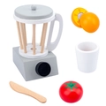 Wooden toy blender play set for kids including a gray mixer and play food items - Light Blue Juicer