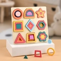 Montessori wooden puzzle with 9 geometric shapes and colorful nesting blocks on base - Flower Puzzle