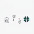 Elegante S925 zilveren oorknoppen set met klavertje, slotje en zirkonia hangertjes - 925 zilver / 925 sterling zilver