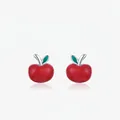 Cute S925 silver red apple stud earrings with green leaf and glossy enamel finish - 925 Silver / 925 Sterling Silver