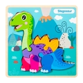 3D wooden stegosaur puzzle for kids featuring colorful interlocking blocks on board - Stegosaurus