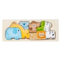 Wooden animal puzzle for kids featuring colorful lion, elephant, and giraffe shapes - Savanna Animals (Blue Elephant)