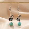 Vintage rose stem earrings in antique silver with turquoise beads on champagne silk - Antique Silver Rose (Turquoise Color)