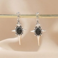 Vintage gothic earrings in antique silver finish with oval black gemstone inlay - Antique Silver Star (Black Gemstone Color)