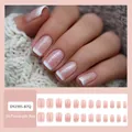 French tip press-on nails with silver glitter and pink base in short square shape - Jelly Glue Type / DY2395-B7Q Soft Glitter French